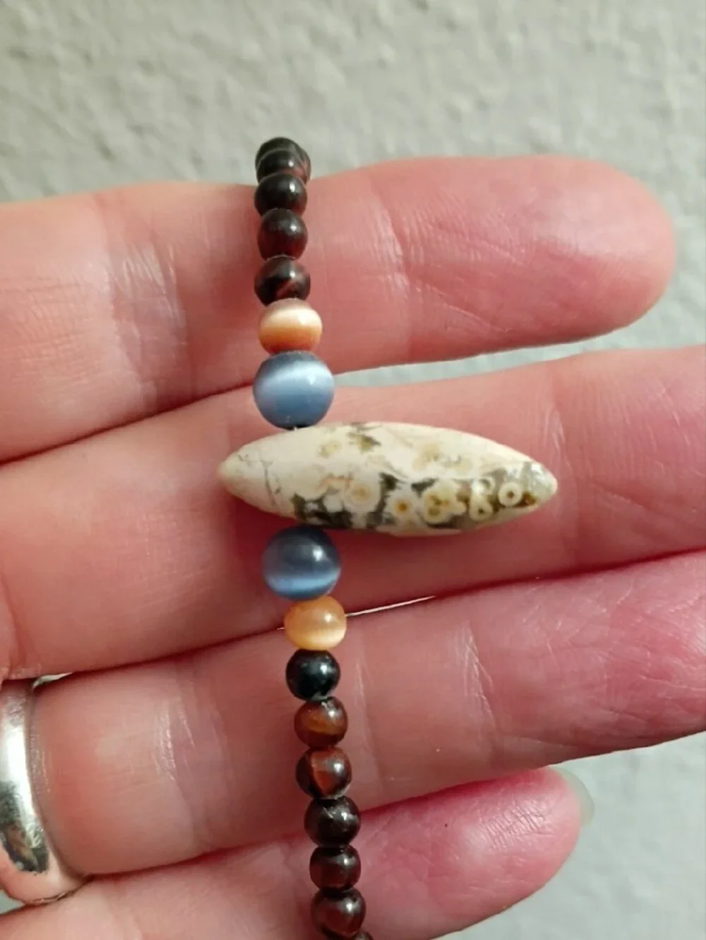 Handmade Brown Stone Beaded Necklace with White Stone Pendant